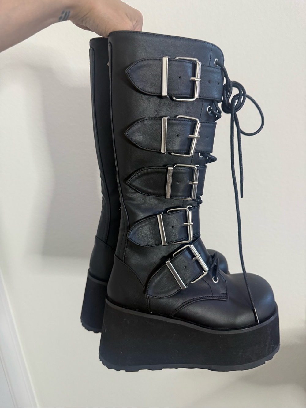 Demonia Black Platform Buckle Lace-Up Knee Boot